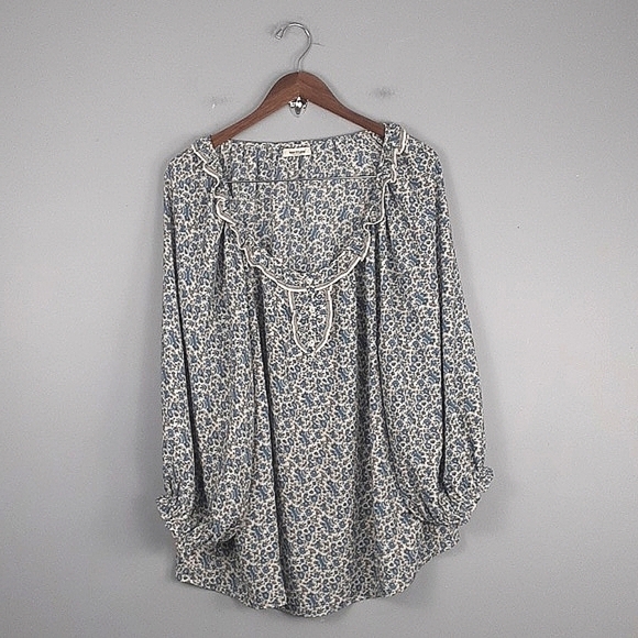 Max Studio Floral Cottage Core Pheasant Blue Blouse - Picture 1 of 8